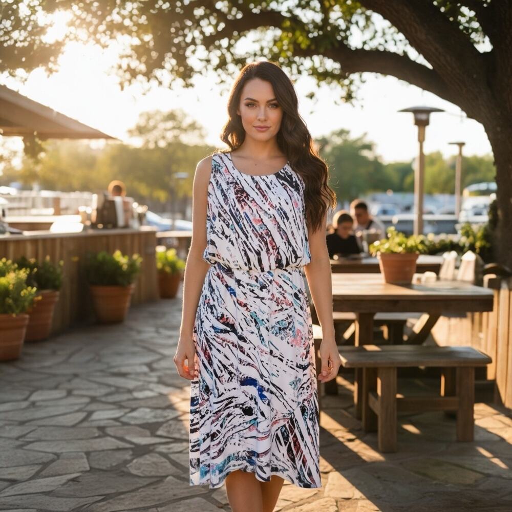 Style & Co Abstract Multicolor Lined Flattering Sleeveless Midi Dress Medium